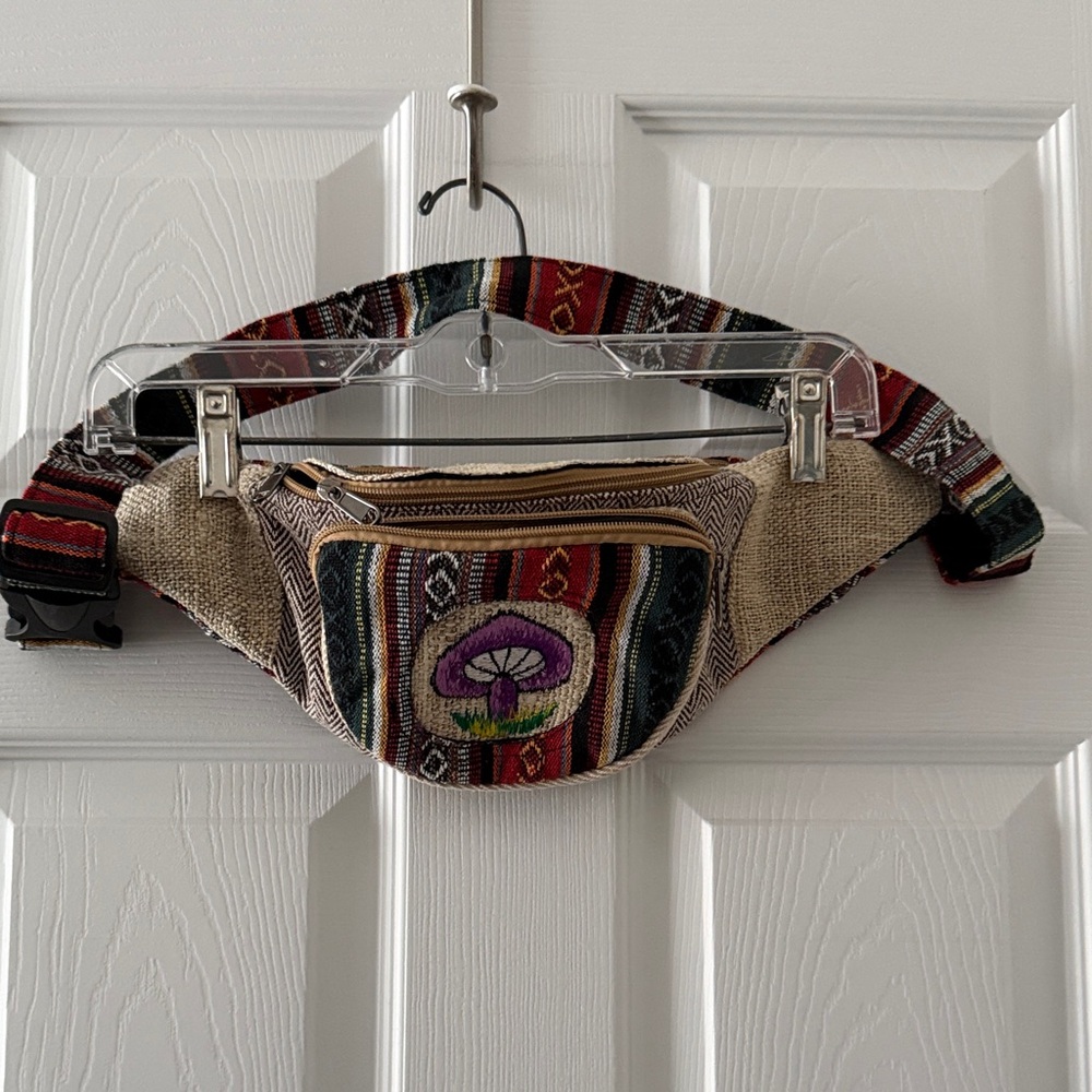 Striped Waist Bag with Mushroom Embroidery